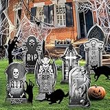 10Pcs Halloween Tombstones Decorations Outdoor Graveyard Decor, 6 Pcs Scary Plastic Gravestones with 2 Black Cats & 2 Zombie Hands, Graveyard Cemetery Yard Signs with Stakes Halloween Party Decor