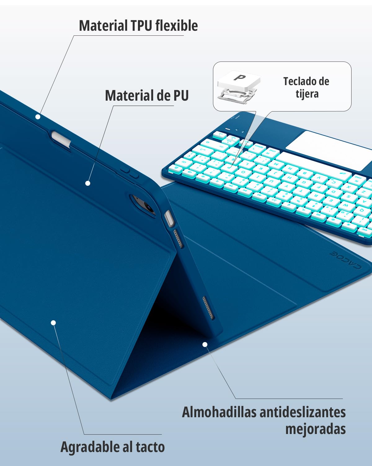 CACOE Funda con Teclado para iPad 11.ª Gen (A16) / 10.ª Generación (11/10.9 Pulgadas) 2025/2022, con Touchpad, Iluminación de 7 Colores, Magnético Desmontable Bluetooth, Azul Océano