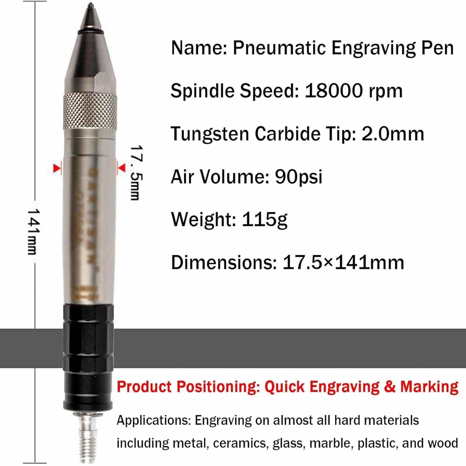 Penna per Incisione Pneumatica, Strumento per Incisione su Metallo Ad Aria Compressa, velocità 18000 Giri/min, con Punta in Carburo di Tungsteno da 2,0 Mm, Volume di Aspirazione 90 Psi, per