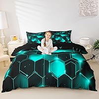 Vista 19 de Funda de edredón hexagonal verde estereoscópica de nido de abeja para niños, diseño geométrico de colmena, funda de edredón geométrica de panal