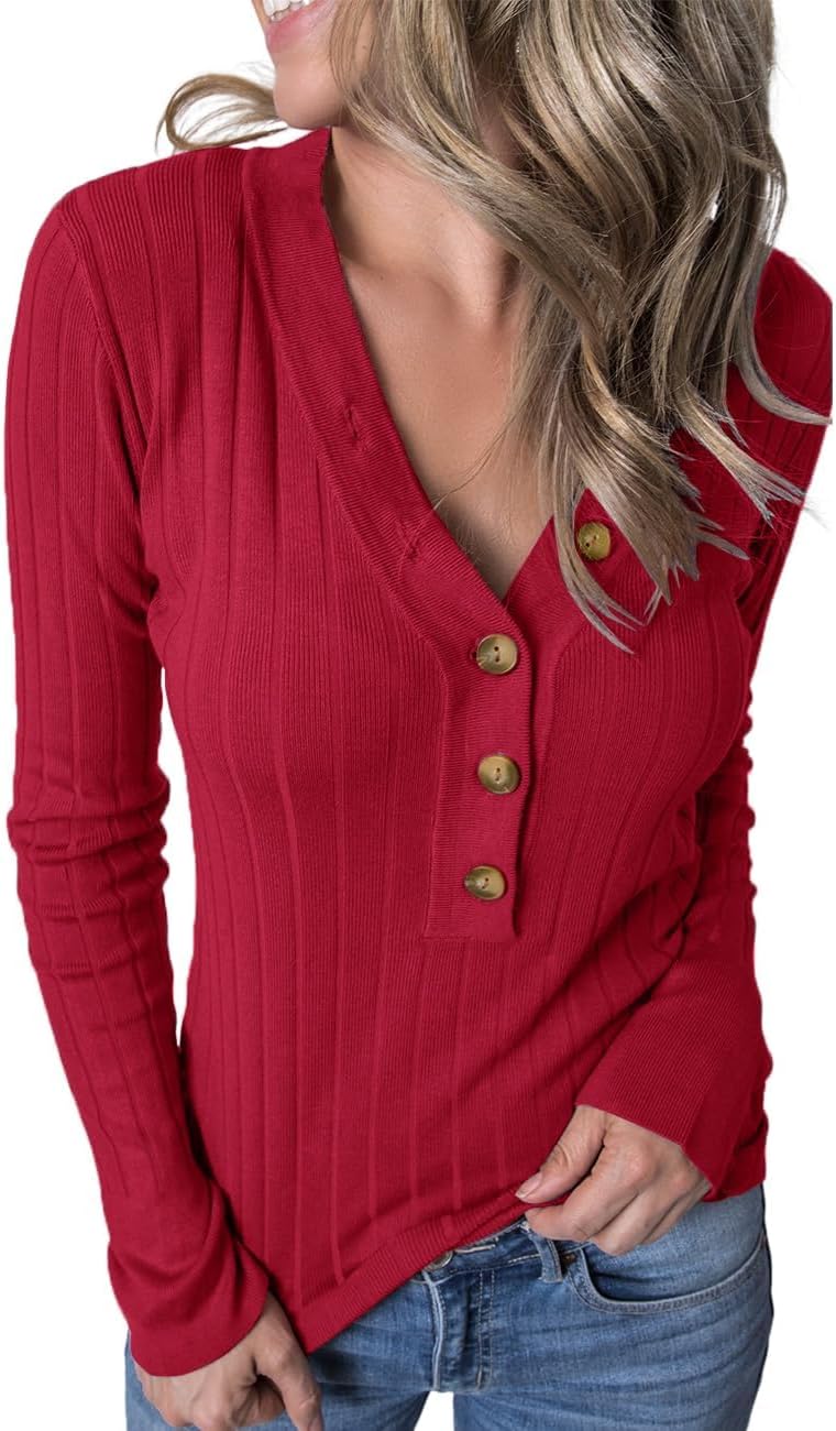 MEROKEETY Women's 2025 Long Sleeve V Neck Ribbed Button Knit Sweater Solid Color Tops Red X-Large