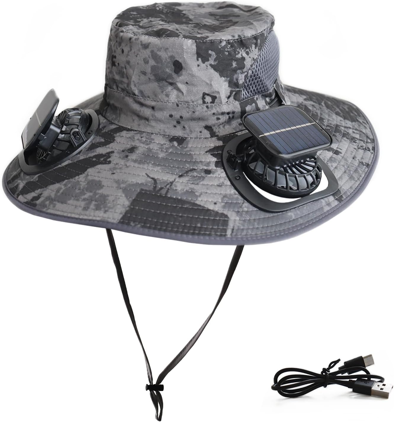 Solar Fan Hat Rechargeable 2Detachable Solar Fans,Water-Repellent Wide Brim Bucket Hat, Outdoor Camping Hiking Golf Sun Hat