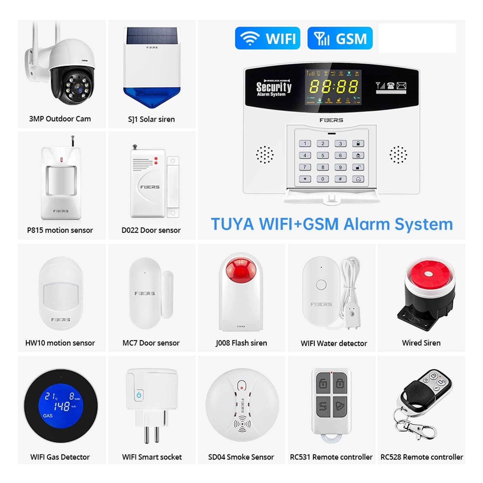 W210 DIY Système d'alarme Intelligente Tuya WiFi Alarme de cambrioleur Maison Intelligente GSM Couleur du système d'alarme LCD Afficher Le capteur de Mouvement de sécurité(J008 Flash Siren)