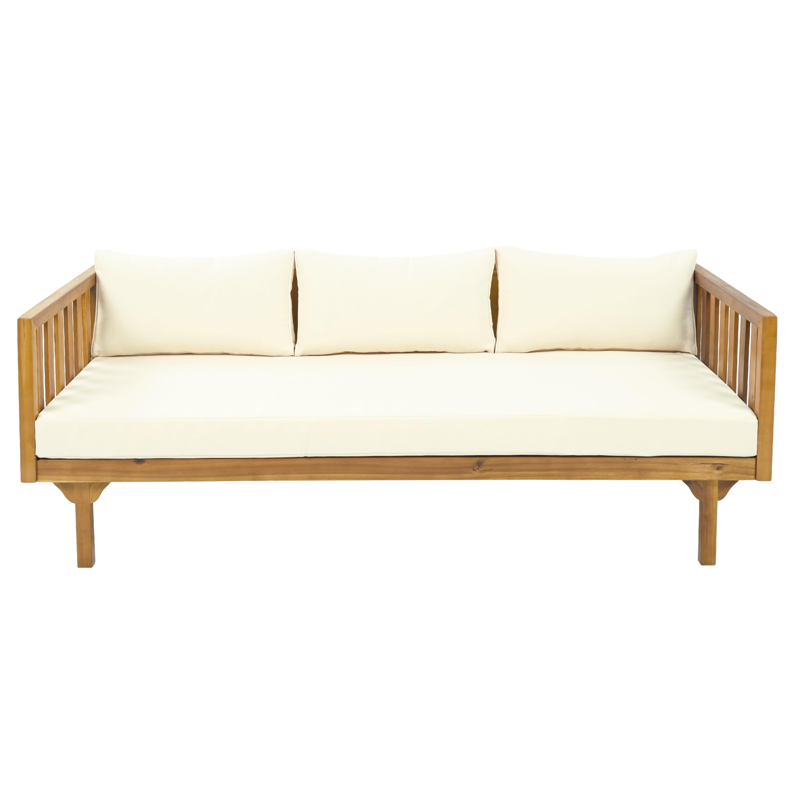 Claremont - Sofá cama de madera de acacia para exteriores de 3 plazas con tela resistente al agua y cojines extraíbles, sofá junto a la piscina con reposabrazos y respaldo de 2