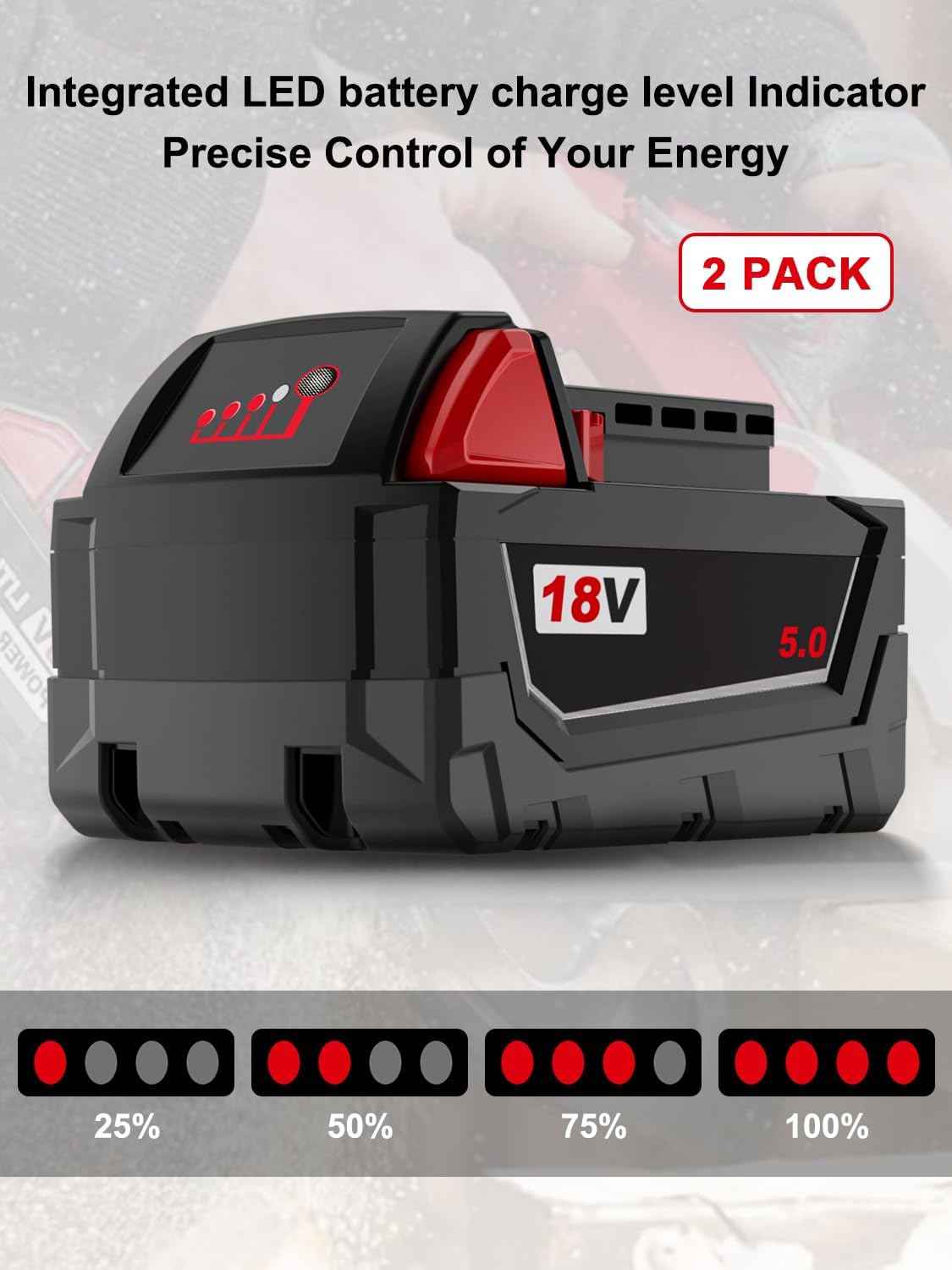 5.0AH Battery 18V Compatible with Milwaukee M18 48-11-1850, 2 Pack Compatible with All Power 18V Mil Waukee Power+ Tools Lithium Ion Battery 48-11-1852