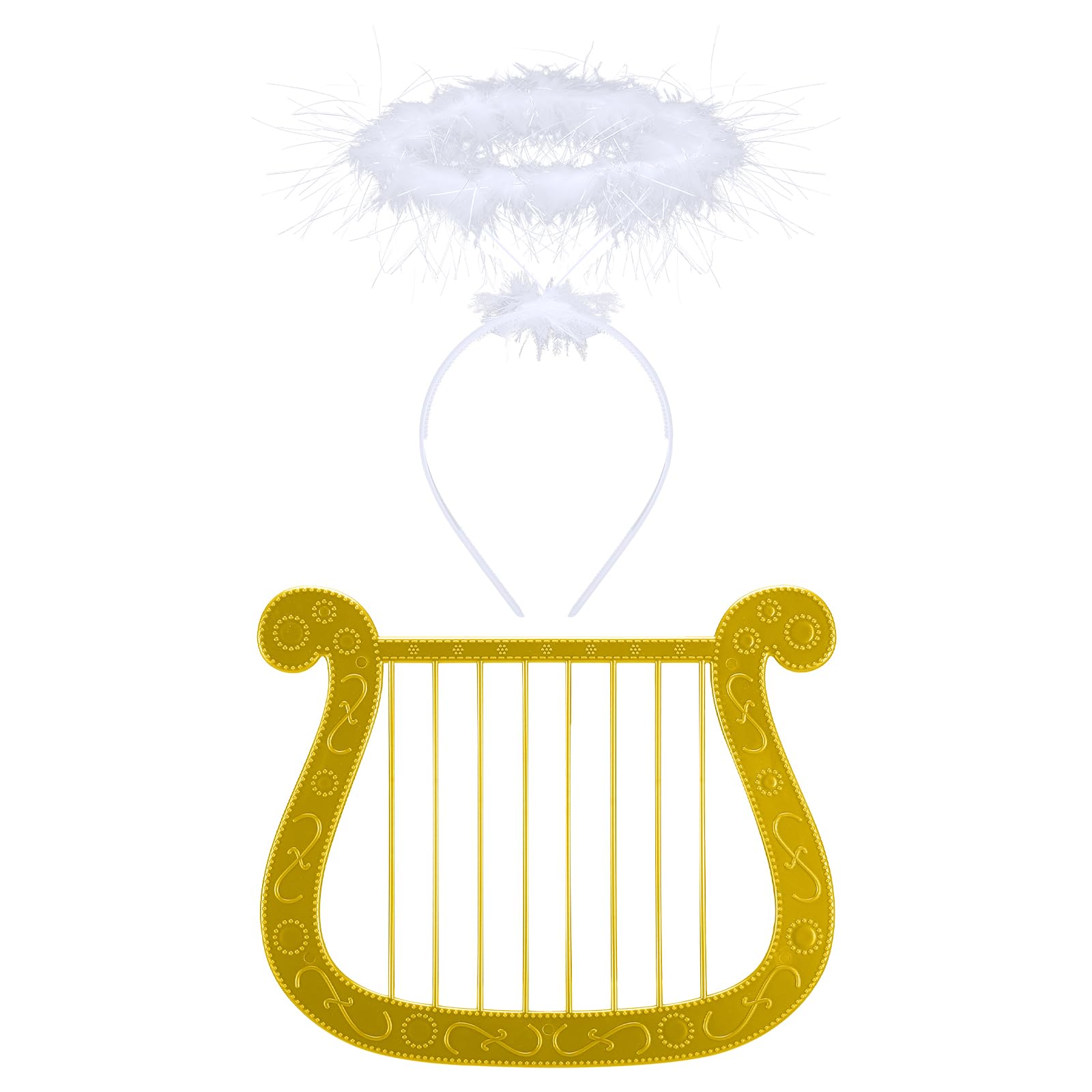 Maasechs Angel Costume Accessory Angel Headband Harp Prop Plastic Gold Harp Feathered Headband Costume Cosplay for Women Holiday Party Dress up Accessory Gift