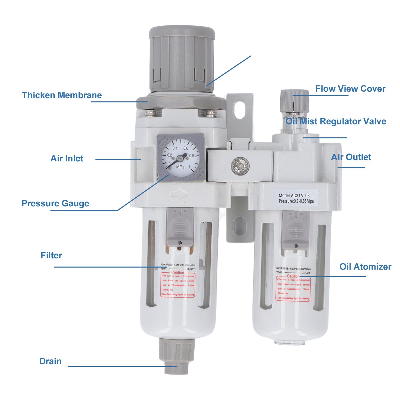 Filtro de aire comprimido SustVita con entrada y salida G3/8 pulgadas, presión límite de 145 psi, filtrado de 5 μm a 40 μm, regulador de filtro de aire con cuerpo de aleación de