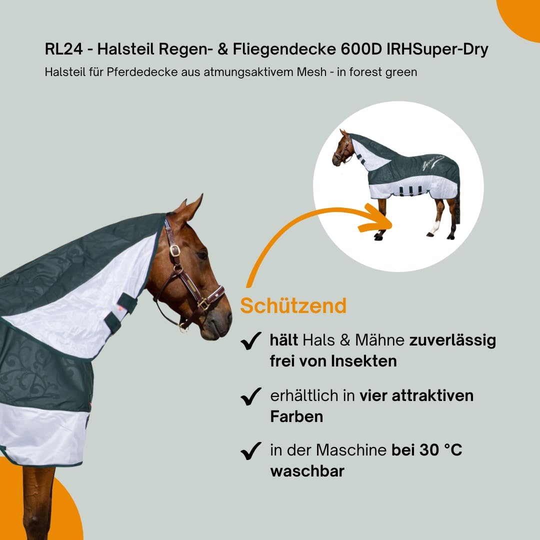 RL24 - Halsteil Regen- & Fliegendecke 600D IRHSuper-Dry – Halsteil für Pferdedecke aus atmungsaktivem Mesh – Schutz vor Insekten – doppelter Klettverschluss – in Forest Green – Größe M