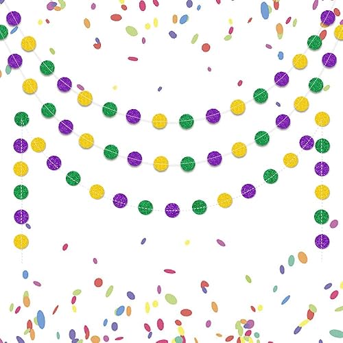 Guirnalda colgante de Mardi Gras, 8 unidades, color dorado, morado, verde, dorado, puntos circulares dorados, cuentas de papel, serpentinas de