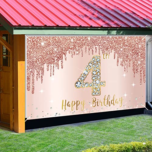 Happy 4Th Birthday Banner Backdrop Decorations For Girls, Rose Gold 4 Year Old Birthday Party Sign Supplies, Pink Fourth Birthday Poster Background Photo Booth Props Decor #TOP2