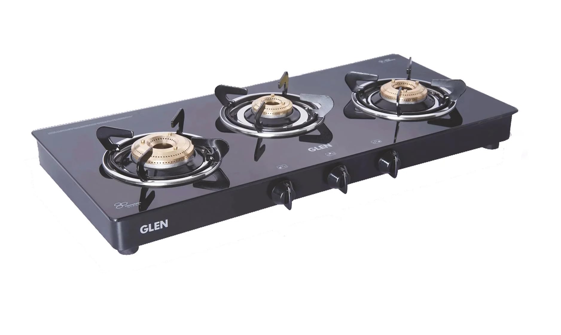 glen 3 burner toughened glass top | png gas stove extra large | high flame brass burners | black | manual ignition | isi certified revolving nozzle | 2 year warranty | 1033 gt xl bb bl pn