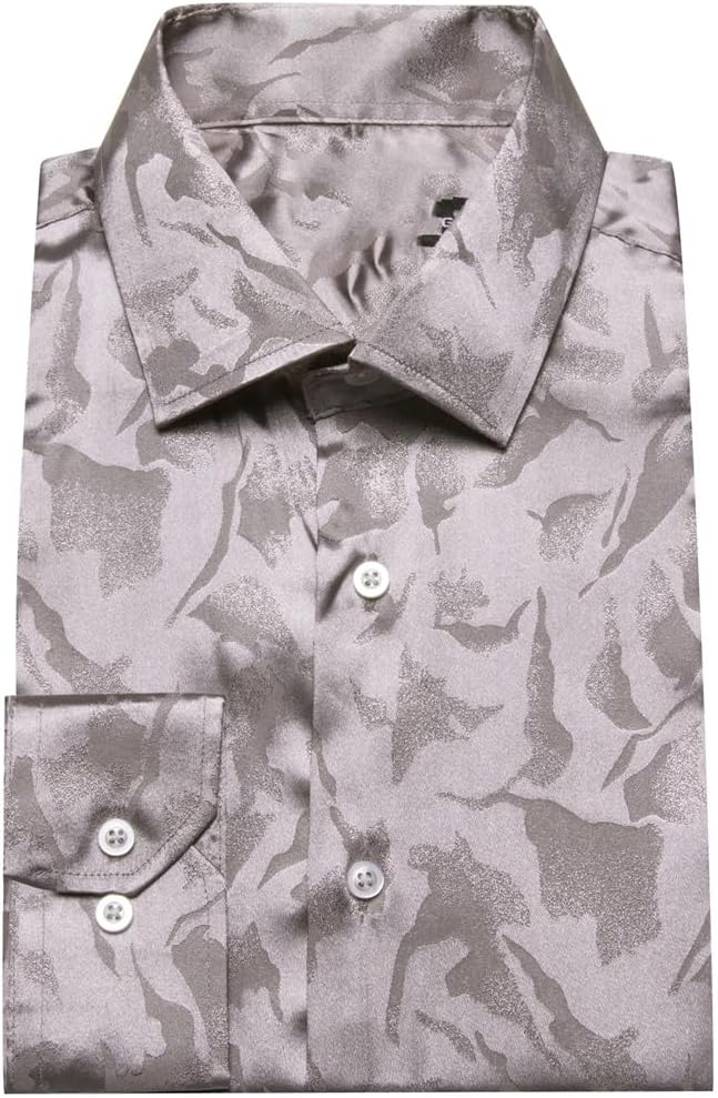 Men Silk Satin Long Sleeve Silk Gray Leaves Male Blouses Casual Lapel Tops Breathable