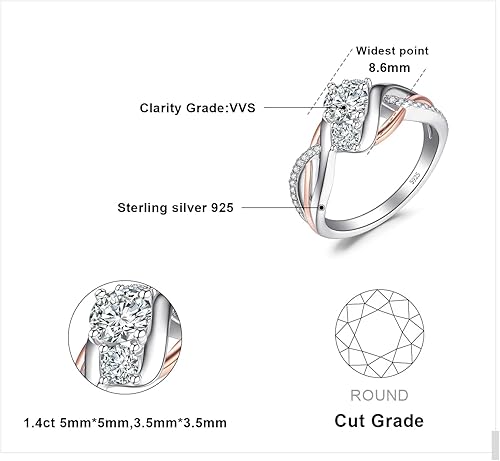 Miniatura 2 de JewelryPalace Infinity Twisted Cubic Zirconia 3 Stones Engagement Ring for Women, Love Knot 925 Sterling Silver 14K Rose Gold Promise Ring for her,