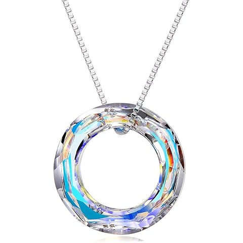 AOBOCO Circle Crystal Necklace 925 Sterling Silver Crystals Pendant Necklace for Women with Austrian Crystals Jewelry for Women Christmas Birthday Holiday Gifts