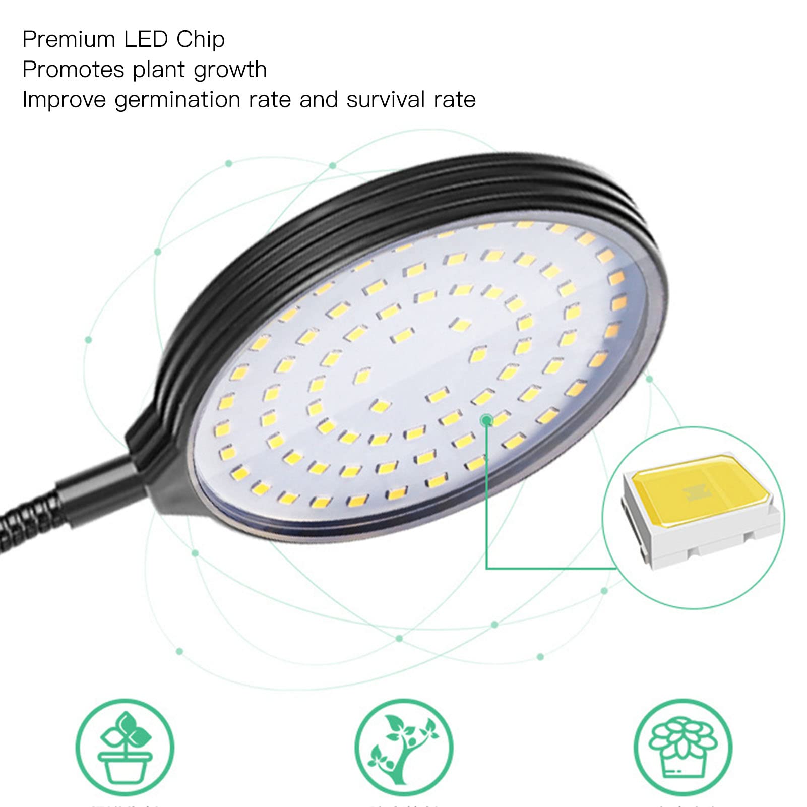 Luci a LED per piante da interno, luci a LED per coltivazione di piante con timer Auto On/Off 4/8/12H, doppia clip a collo di osso d'acqua per coltivare la luce con 5 livelli dimmerabili