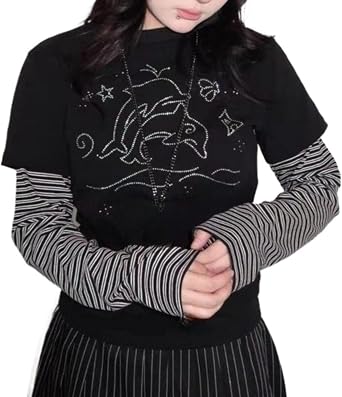 Womens Y2k Kawaii Print Long Sleeve Tshirts Cute Fake Two Piece Striped Graphic Tops Alt Emo Grunge Tees