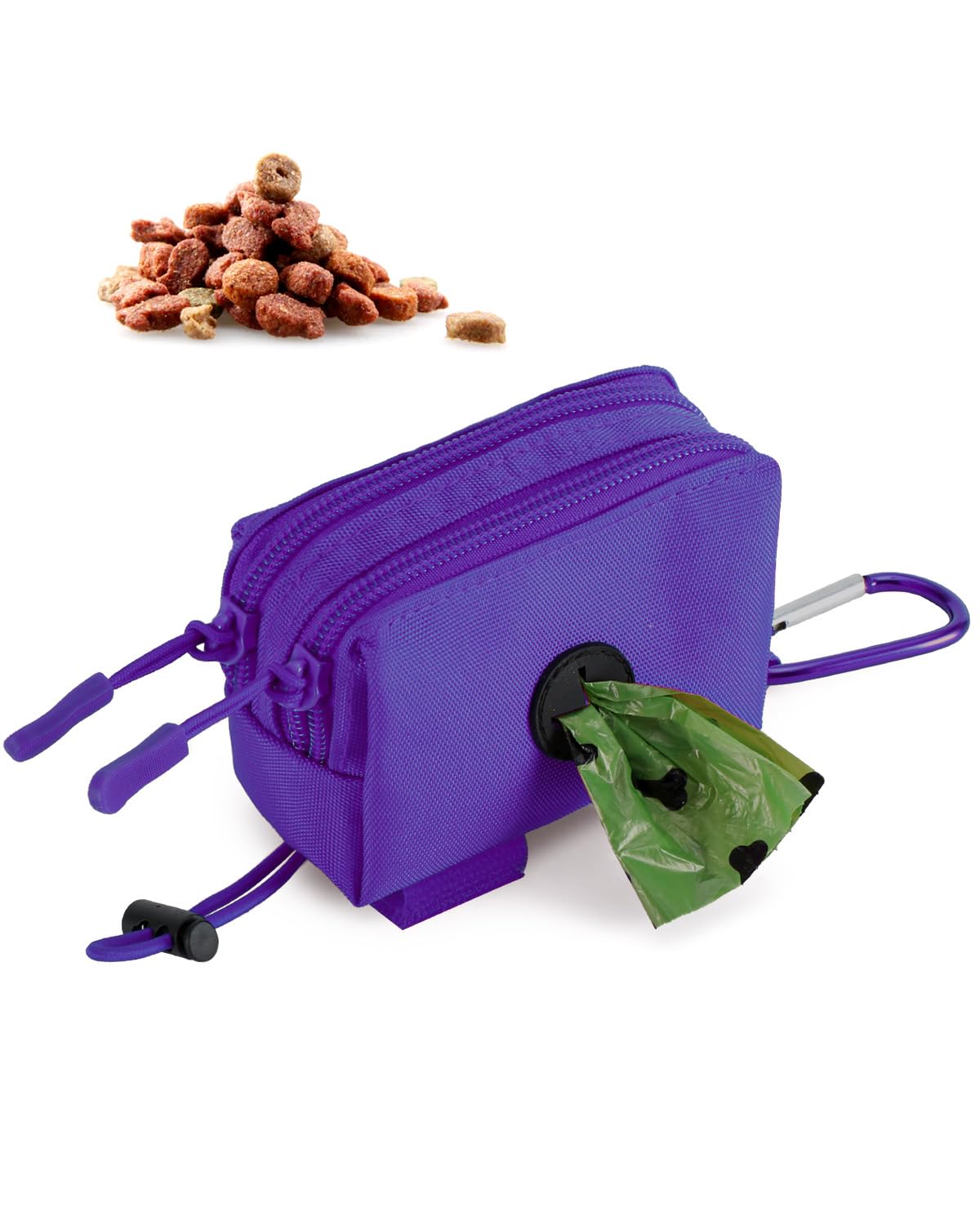 Dog Poop Bag Holder for Leashes, Purple Doggie Waste Bag Dispenser and Treat Holder, with Carabiner Hook and Poop Bag Clip, Used Waterproof Wear-Resistant Fabric and 2 Zippered Pouches for Walking
