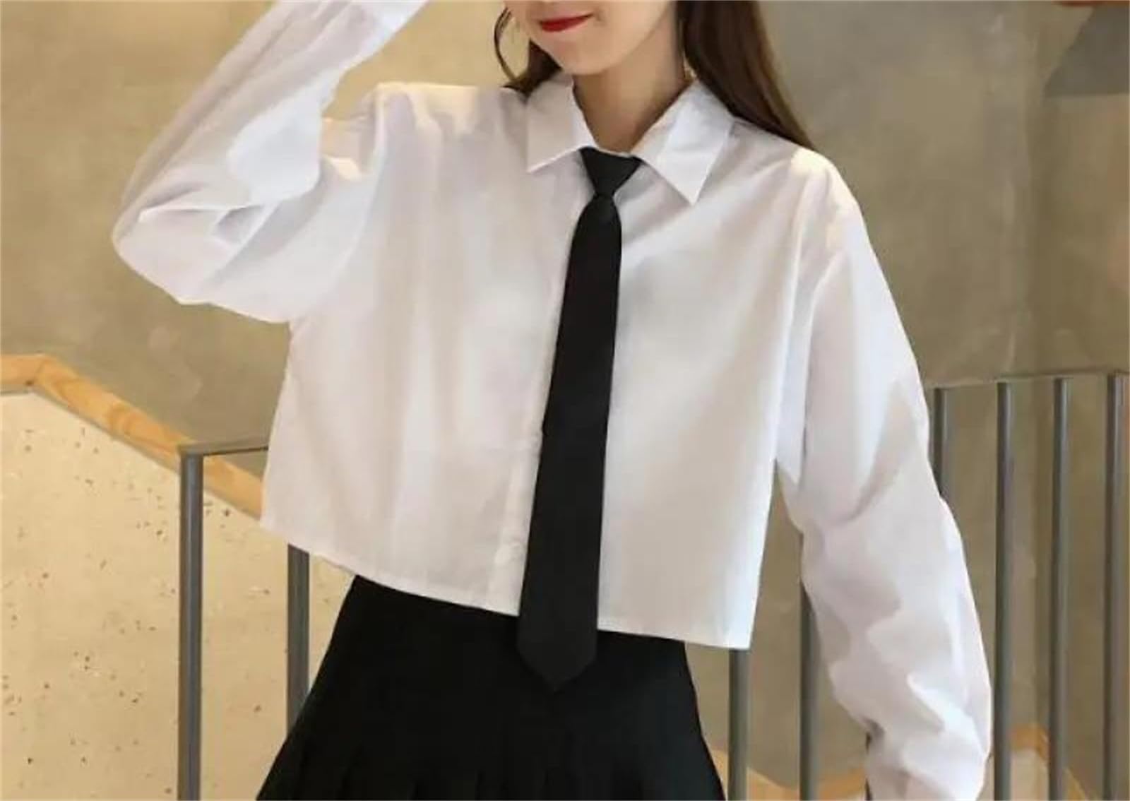 Genérico Camisa Informal Holgada de Manga Corta con Cuello Vuelto, Corte Recto y Botones Delanteros para Mujer (Manga Larga con Lazo)