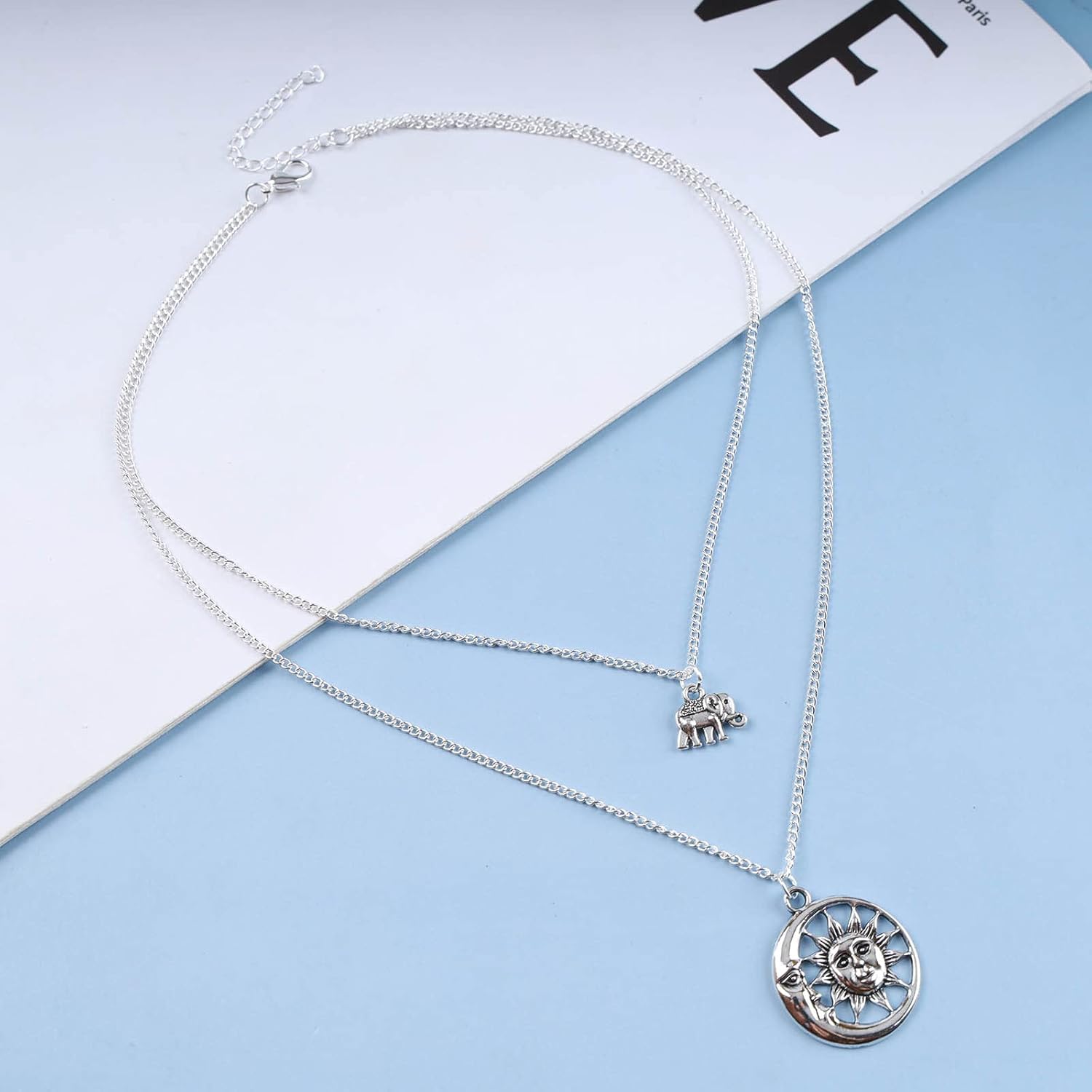 Boho Layered Elephant Necklace Choker Layered Sun Moon Choker Necklace Silver Coin Pendant Necklace Vintage Sun Face Necklace Chain Jewelry for Women - Image 2