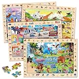 SYNARRY Wooden Puzzles for Kids Ages 4-6, 4 x 60 Piece Match & Find Puzzles for Kids Ages 3-5 Boys Girls, Educational Toys Gifts for 4-8 yo for Learning Jungle Savannah Polar Animals & City Life