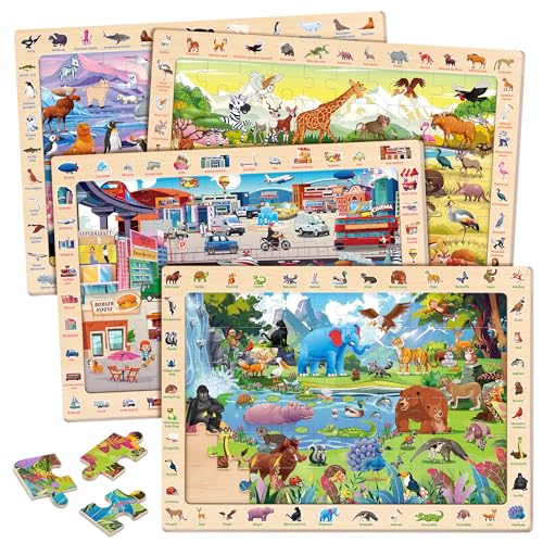 SYNARRY Wooden Puzzles for Kids Ages 4-6, 4 x 60 Piece Match & Fi...