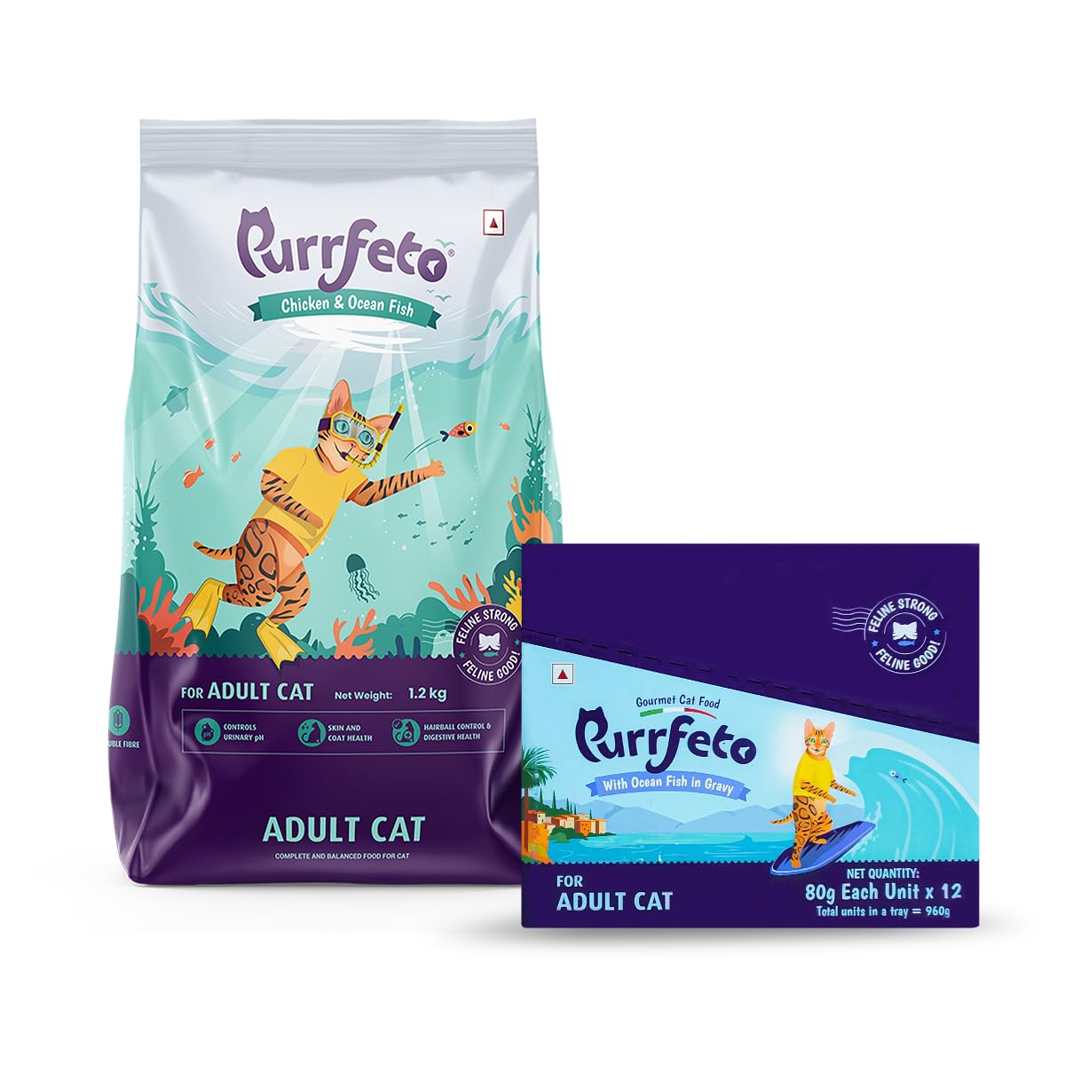 Purrfeto Adult Dry Cat Food, Chicken & Ocean Fish, 1.2 kg & Purrfeto Wet Cat Food with Ocean Fish in Gravy, Pack of 12
