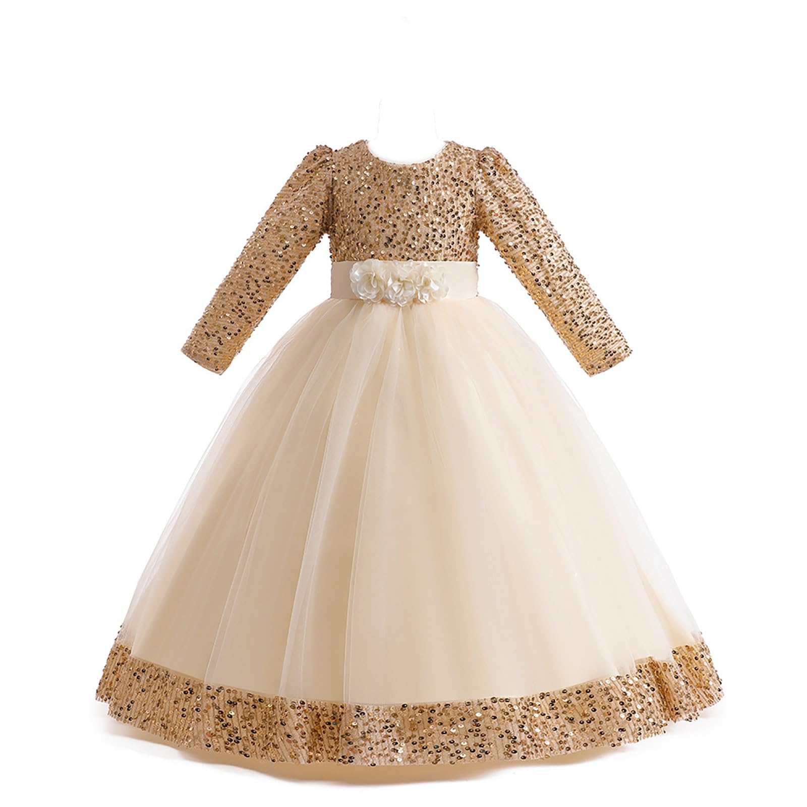 Robe de princesse à manches longues en tulle à paillettes pour filles - Pour concours de beauté, anniversaire, demoiselle d'honneur, mariage, bal de fin d'année