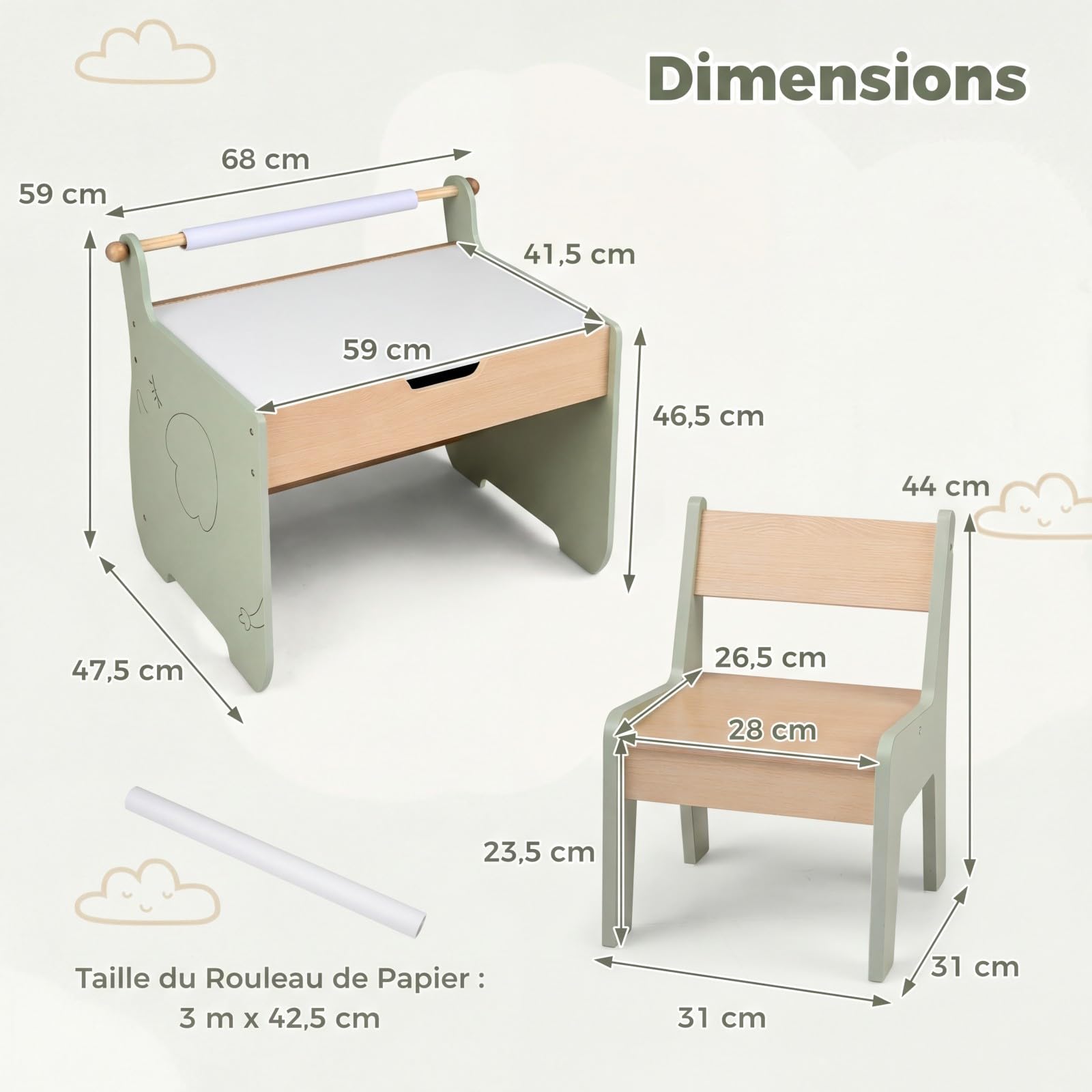 COSTWAY 4 en 1 Table Enfant avec Chaise en Forme d'Eléphant, Table et Chaise en Bois avec Tableau Amovible & Porte-Rouleau de Papier, Charge 40/100 kg