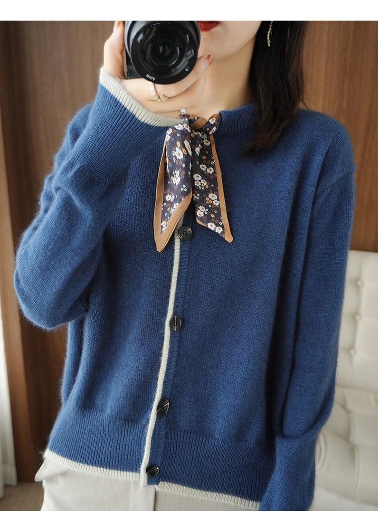 Chaqueta Punto Mujer,Cárdigans De Punto Cortos Para Mujer, Elegante, Azul, Cuello Redondo, Botón De Manga Larga, Suéteres Delanteros Abiertos, Cárdigan, Otoño, Suelto, Suave, Cinta Floral, Chaq