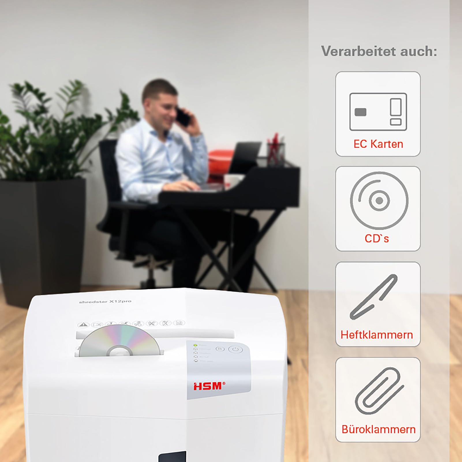 HSM shredstar X12pro Office niszczarka do papieru A4 (maks. 12 arkuszy jednocześnie, cięcie cząstek), karty kredytowe i płyty CD | materiały biurowe (niszczarka papieru) z poziomem bezpieczeństwa P-5