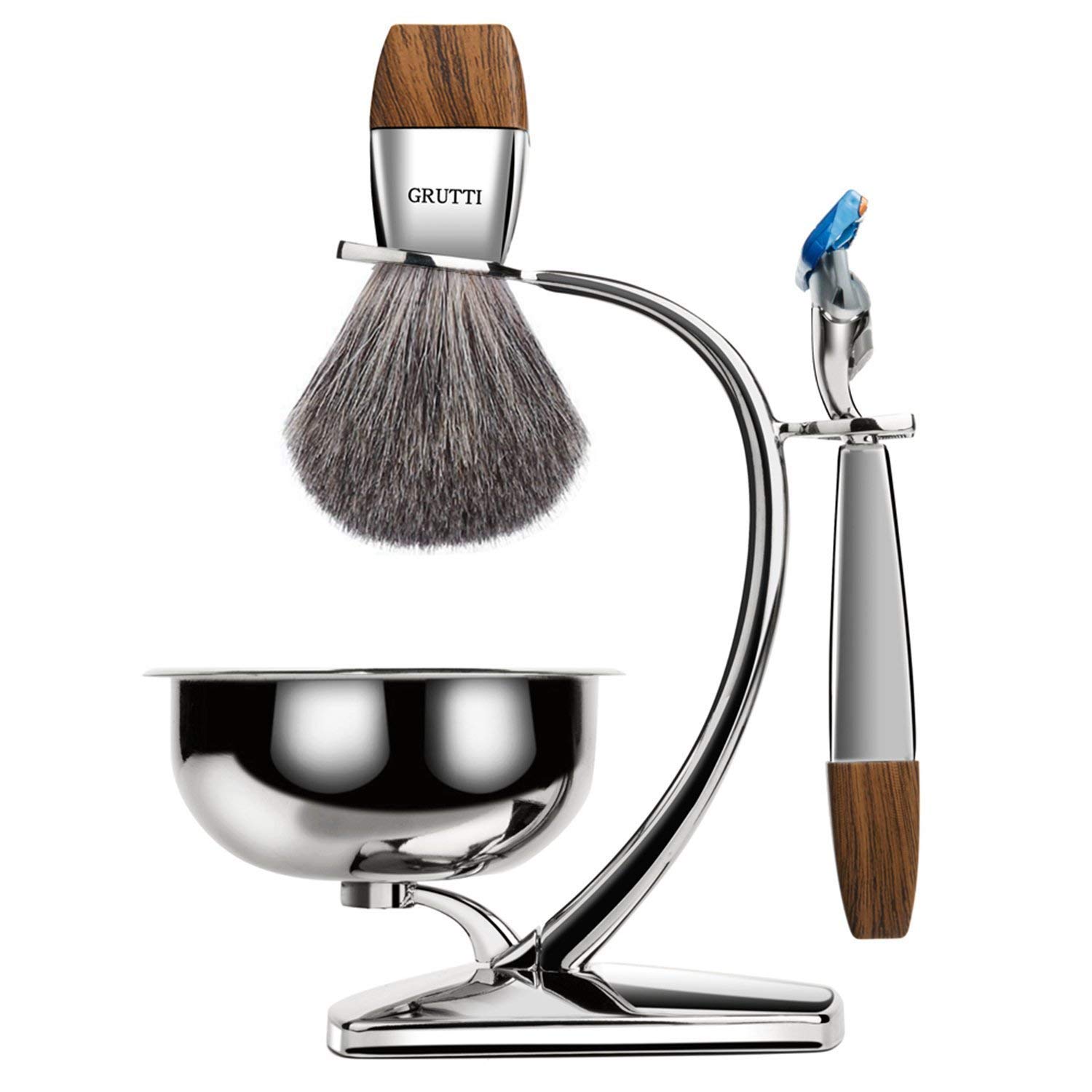GRUTTI Premium Shaving Brush Set with Luxury Badger Brush, Soap Bowl and Manual Mens Razor, Shave Stand Holder Compatible with Fusion 5, Best Gift for Men- Wooden Handle GRUTTI Premium Shaving Brush Set with Luxury Badger Brush, Soap Bowl and Manual Mens Razor, Shave Stand Holder Compatible with Fusion 5, Best Gift for Men- Wooden Handle