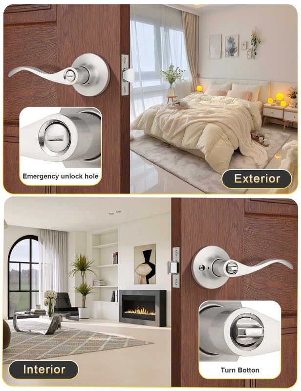 Image of Mengico 3 Pack Satin Nickel Privacy Door Lever, Modern Interior Door Knobs Locks for Bedroom and Bathroom, Heavy Duty Door Handle, Reversible Wave Lever Handle