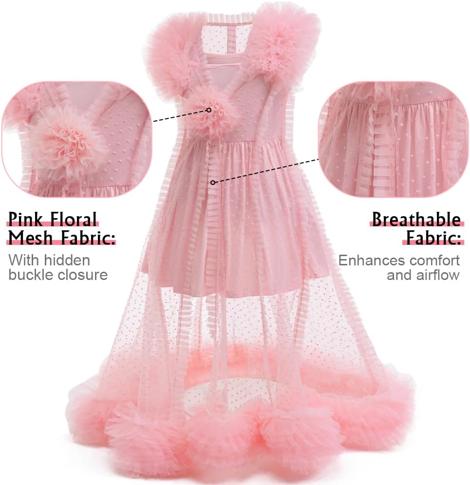 Pink Witch Costume for Girls Pink 2 Piece Pajamas Set Dress, Bouffant Mesh Outfits with Accessories - Image 4