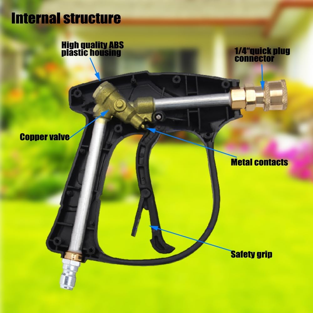 Pressure Washer Short Gun, 4350 PSI High Power Washer Spray Gun with 3/8'' Quick Connect and M22-14mm Adapter, Pressure Washer Handle with 5 Pressure Washer Nozzle Tips for Foam Cannon Gun Car Wash