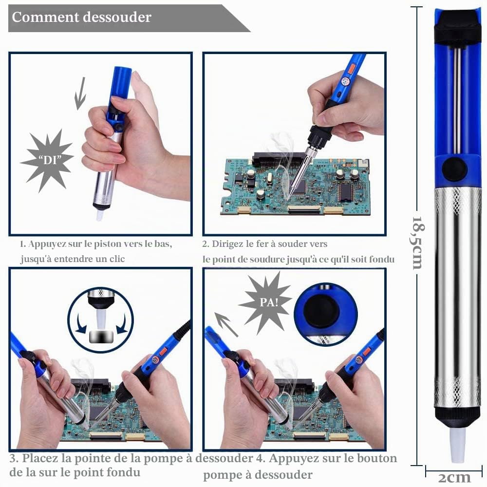 Fer à Souder Set 60W Kit de Soudage Électrique Interrupteur On/Off, Fer à Souder Température Réglable 220~480℃ 4 Pointe Soudage Pompe à Dessouder support Fil de Soudure Pincettes dénudeur de fil