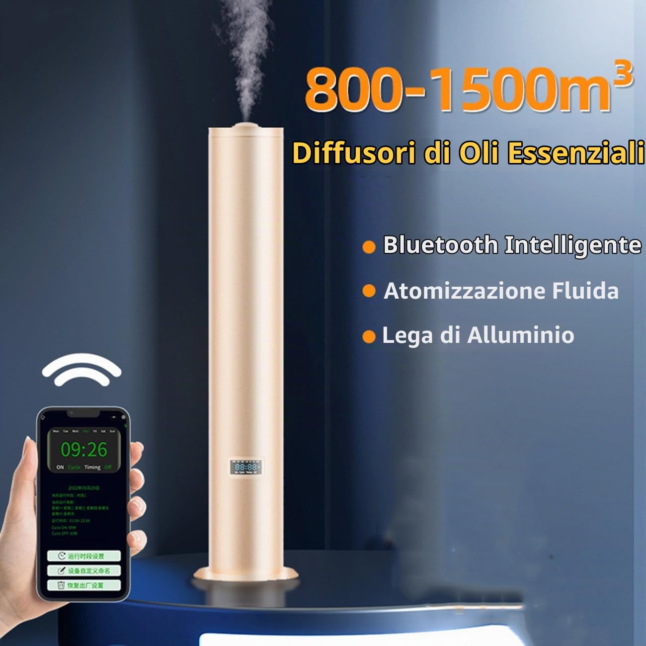 Diffusore di Oli Essenziali Professionale - Copertura 1500 m³, Controllo Bluetooth, Basso Rumore 25 Db, diffusore in Lega di Alluminio per Grandi Ambienti, ristoranti, Hotel,Gold