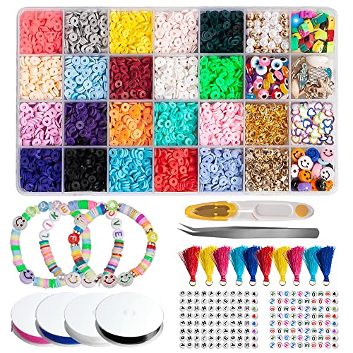 YIDOMDE Perlen Set, 4560 Stück Polymer Clay Perlen Set, 6mm Flache Runde Bunt Diy Perlen mit Buchstabenperlen Scheiben Lose Perlen Karabinerverschlüsse Sprungringe, für DIY Armbänder Halskette Ohrring Cover