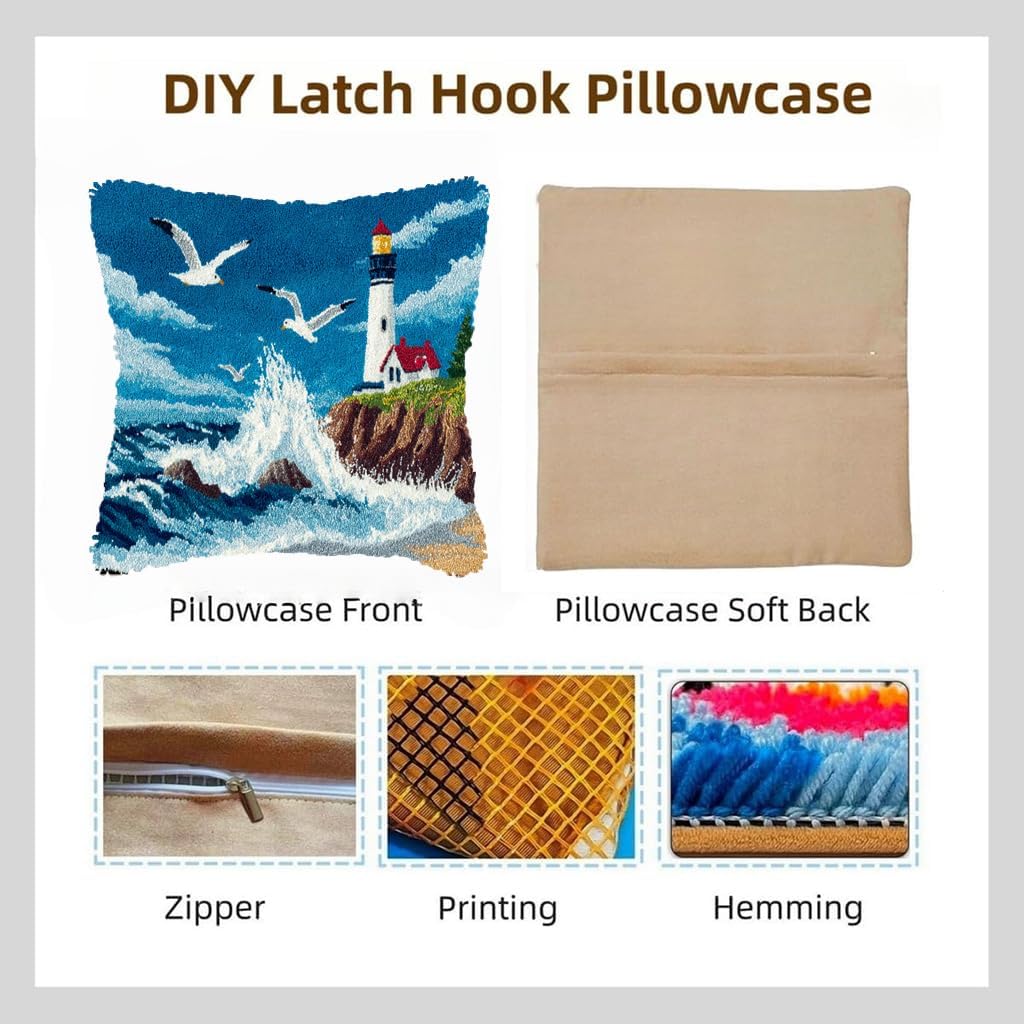 DIY Latch Hook Pillow Kit Seaside Lighthouse and Seagulls Easy for Beginners Stamped Cushion 43x43cm Home Decor Craft-4