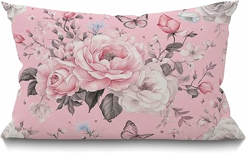 Funda de almohada rectangular rectangular con diseño floral de granja, flores y hojas, acuarela rosa, bol, flor rosa, primavera, algodón, lino,