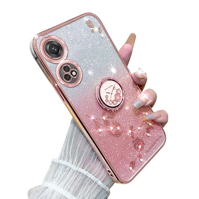 Phone Case for Oppo Reno 8T 5G Slim Cover Soft TPU Silicone with Ring Stand Shockproof Phone Cover Electroplated Bling Glitter Flowers Design Case Compatible with Oppo Reno 8T 5G Cover (3)