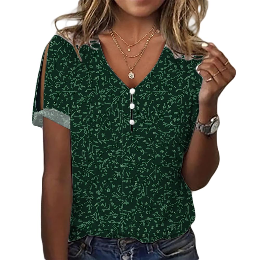 Spatofa Bohemian Tops for Women Floral Print Button V Neck Short Sleeve Dressy Casual Blouses Vintage Ethnic Graphic Tee