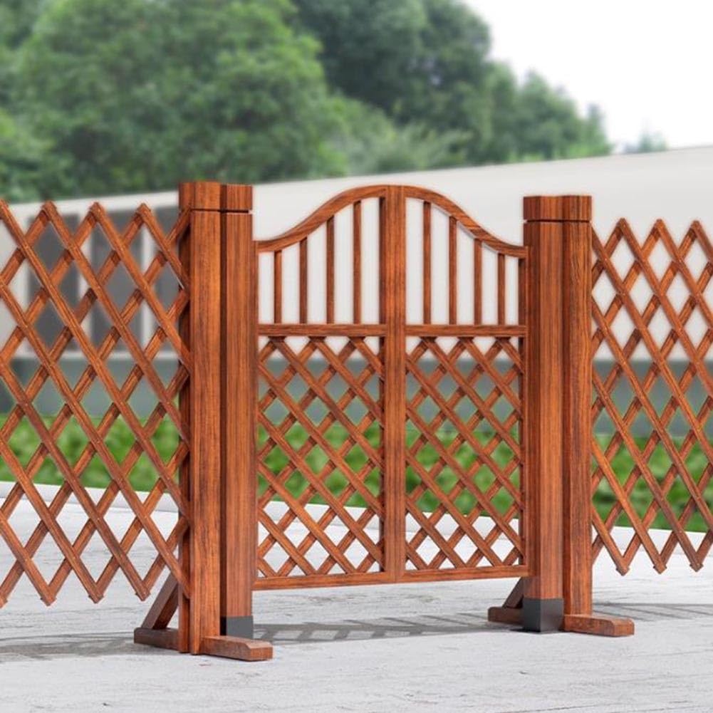 Wolnostojąca ścianka działowa z drewnianym ogrodzeniem z łukową konstrukcją podwójnych drzwi do ogrodu, na podwórko i patio