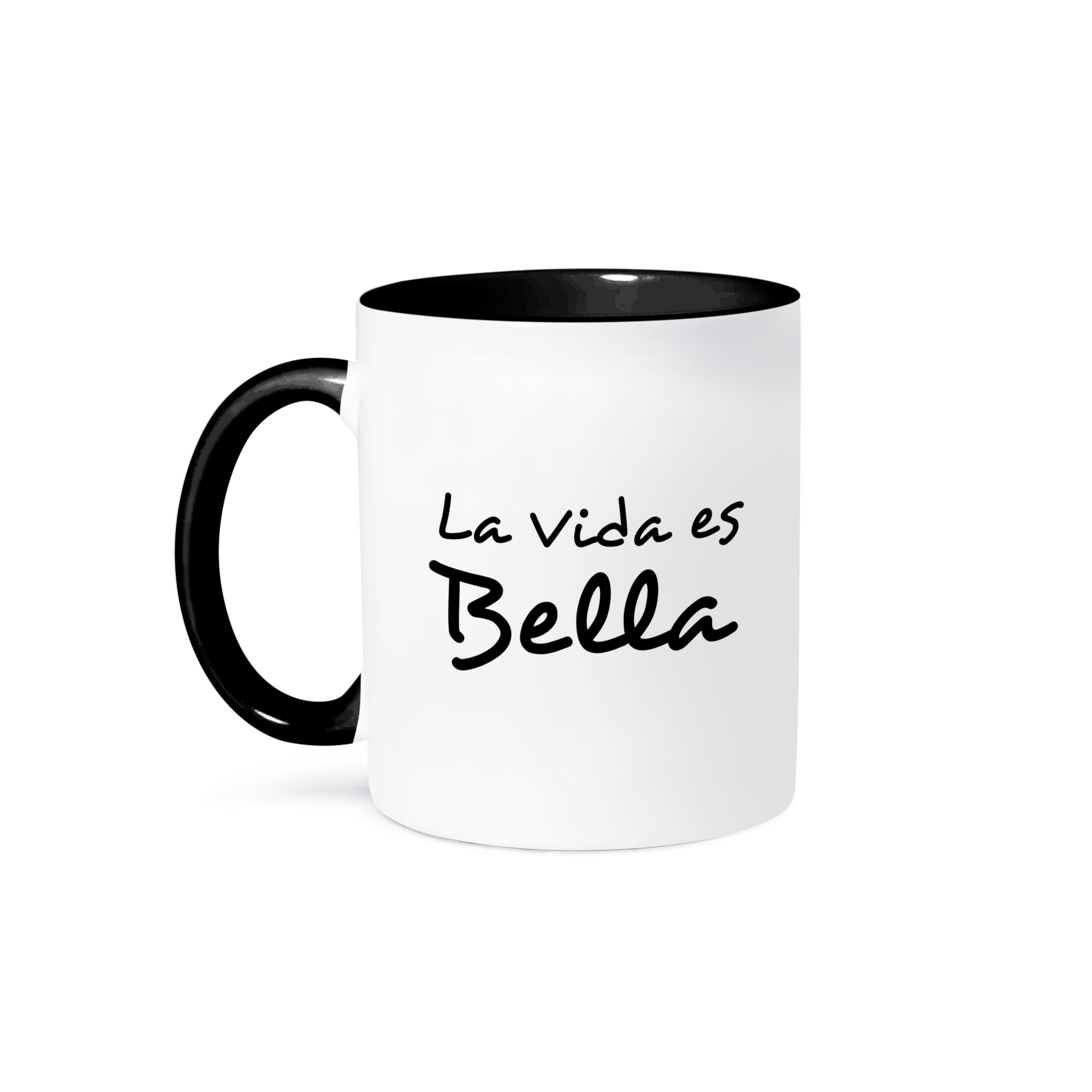 3dRose La Vida ES Bella-Life is Beautiful in Spanish-Black and White Text Two Tone Mug, 11 oz, Multicolor