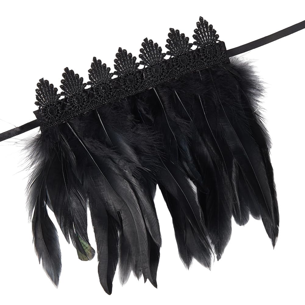 CABODYALS 1 Pair Black Lace Feather Gloves Novelty Wrist Cuff Gothic Floral Angel Wings Bracelet Mesh Wristband Swan Witch Arm Sleeve for Women Cosplay Halloween Party Performances Costume Accessories