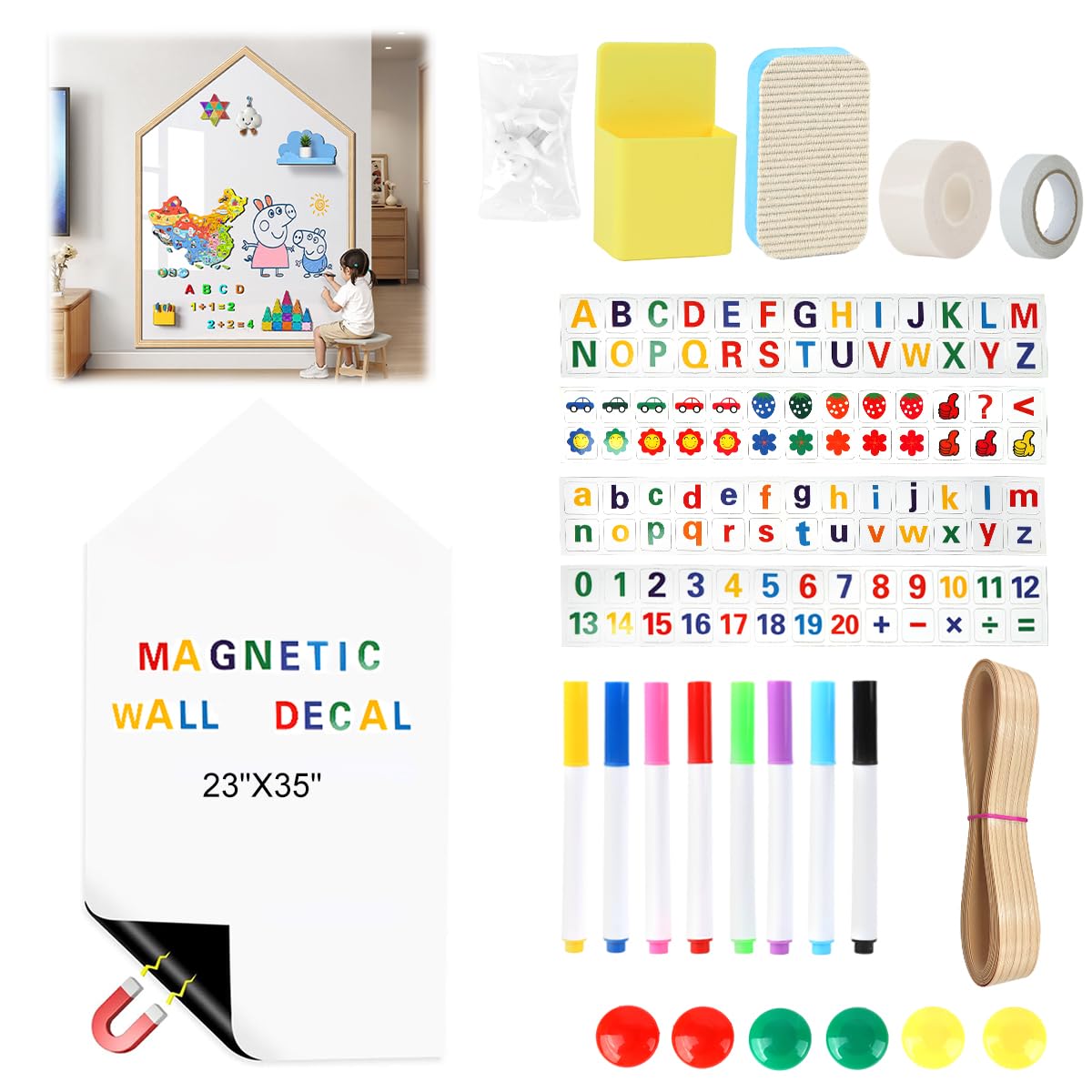 Climberty® Removable Magnetic Whiteboard Wall Sticker for Kids, 60x90 Fun Hut-shape Learning Board with Marker, Eraser & Alphabet/Number Magnets, Reusable PVC Dry-Erase Wall Decal for Home & Classroom-image-1