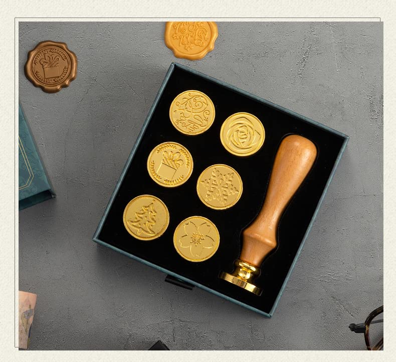 Miniatura 4 de Juego de sellos de cera, 7 sellos de cera de sellado de cobre con 1 kit de sellos de cera de empuñadura de madera para tarjetas de invitación de