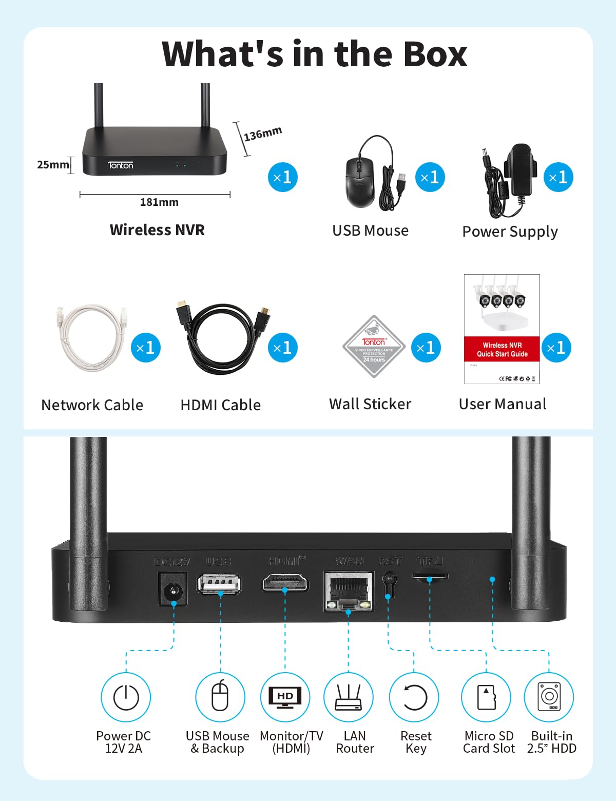 Tonton 2K NVR Digitaler Netzwerk Video Recorder WLAN für Funk Überwachungskameras, Remote Smartphone Access, Online PC/APP Fernzugriff (NO HDD) Recorder für APP: ISMKIT/IPPRO/EseeCloud
