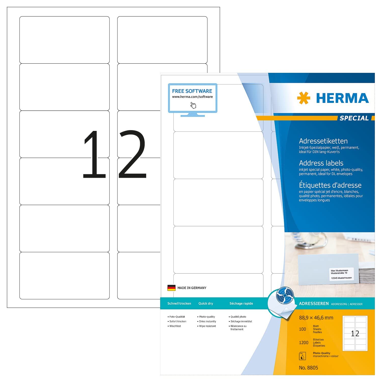 HERMA Self Adhesive Inkjet Address Labels, 12 Labels per A4 Sheet, 100 Sheets, 88.9 x 46.6 mm, 1200 Labels, Blank Mailing Labels Stickers, Sticky Labels for Inkjet Printer, White
