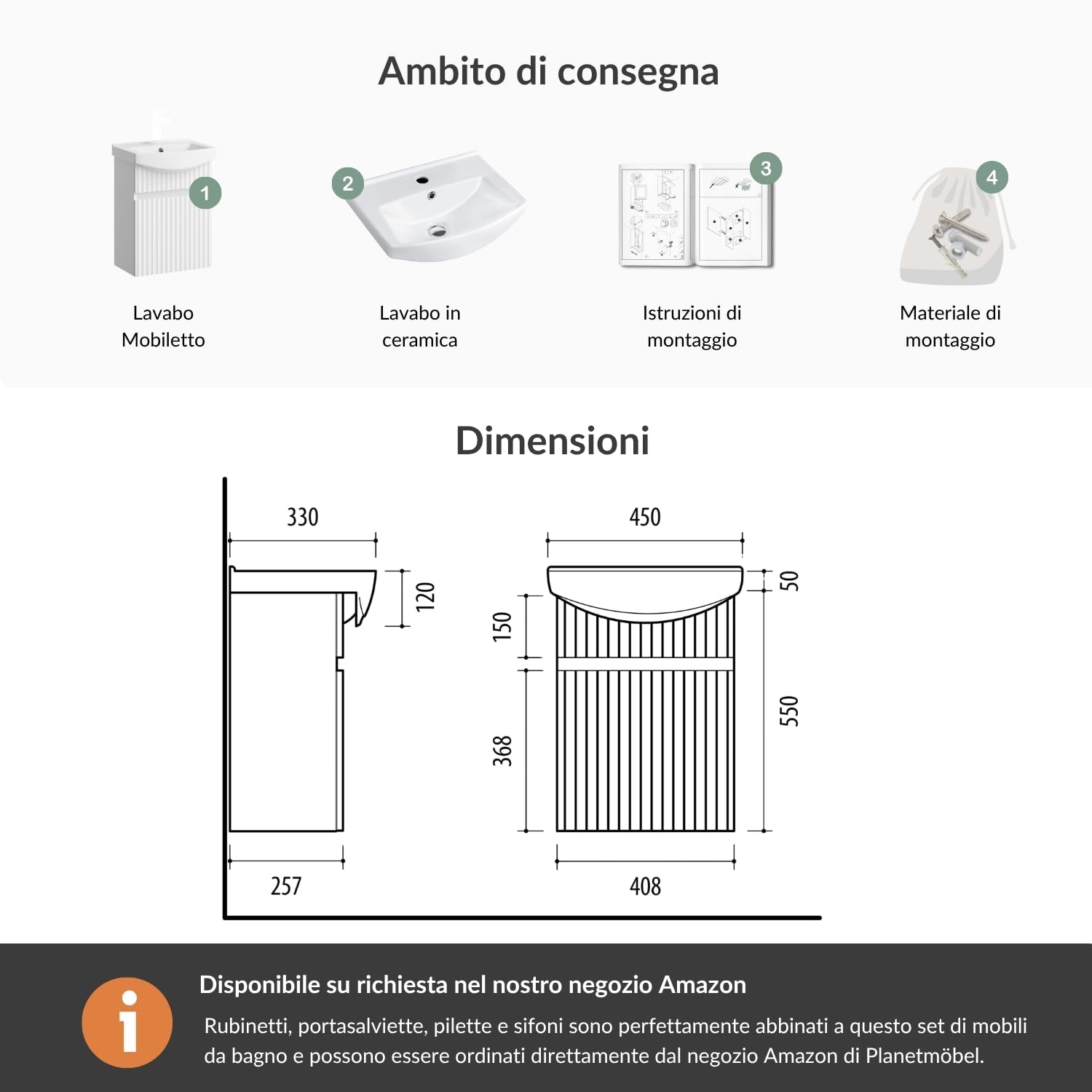 Planetmöbel lavabo con base da 45 cm con lavandino bagno in ceramica, mobiletto sospeso per piccoli bagni e WC ospiti, bianco opaco