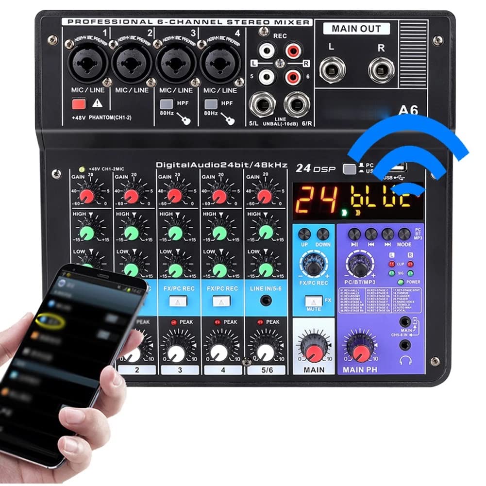 A6 6CH Audio Konsole Mini Mixer Protable mit Soundkarte Aufnahme Singing WebCast Party Mezcler